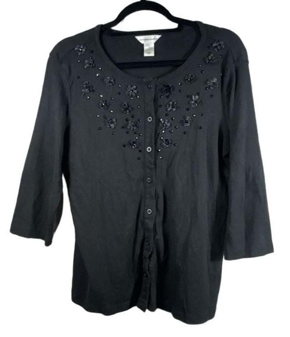 Christopher & Banks Cardigan Size L Black Beaded Floral Button Front